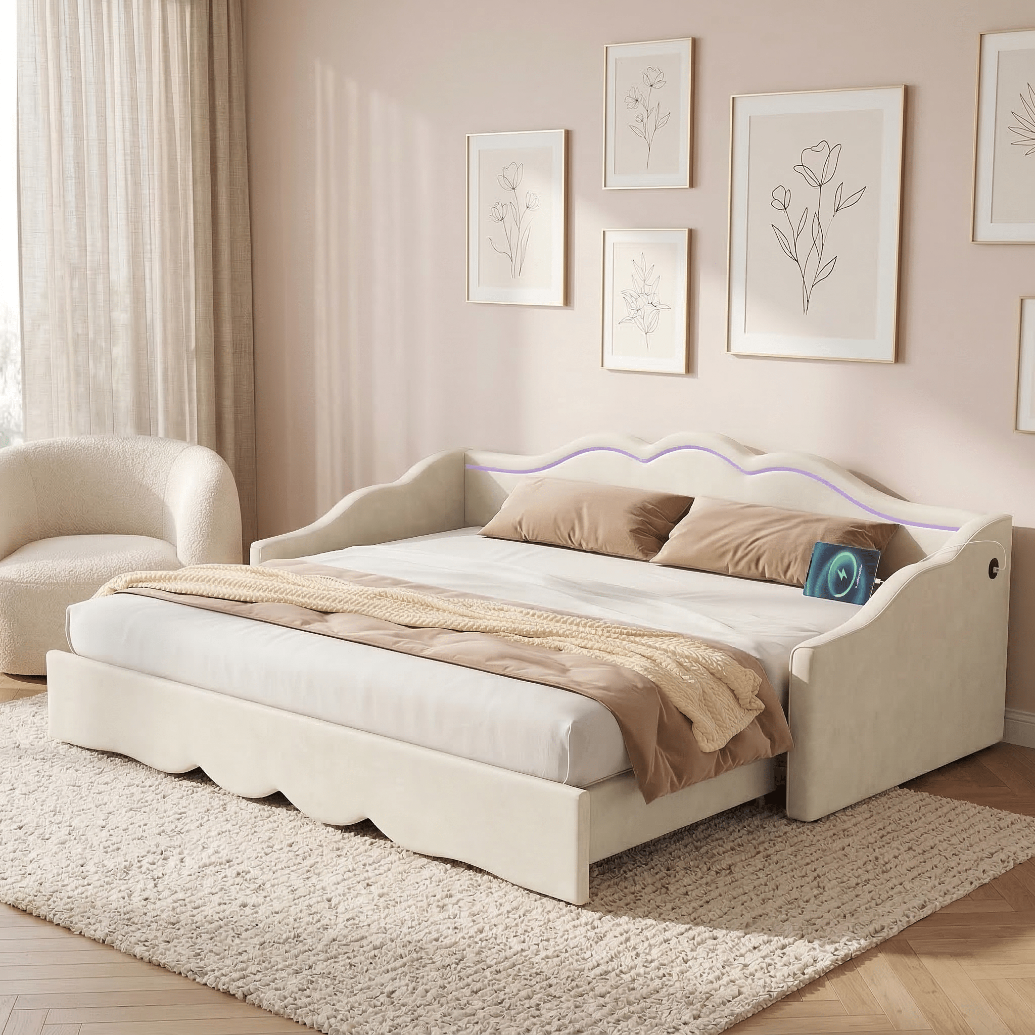 Upholstered Daybed, Sofa Bed, 90x190 Cm, Extendable To 180 Cm, With LED Lighting And USB Port, Beige Velvet - Noventis Home