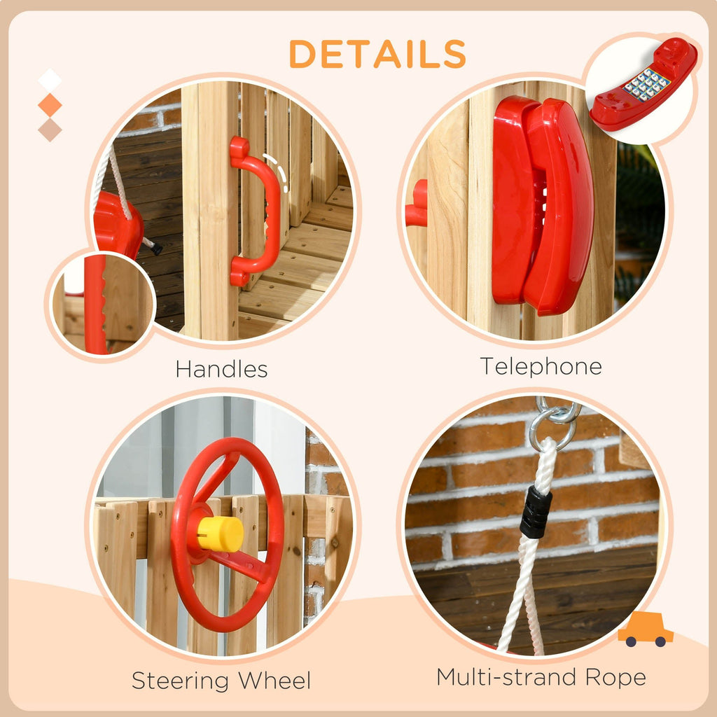 4 - in - 1 Wooden Swing Set with Swing, Slide, Horn, Steering Wheel, Red - Noventis Home