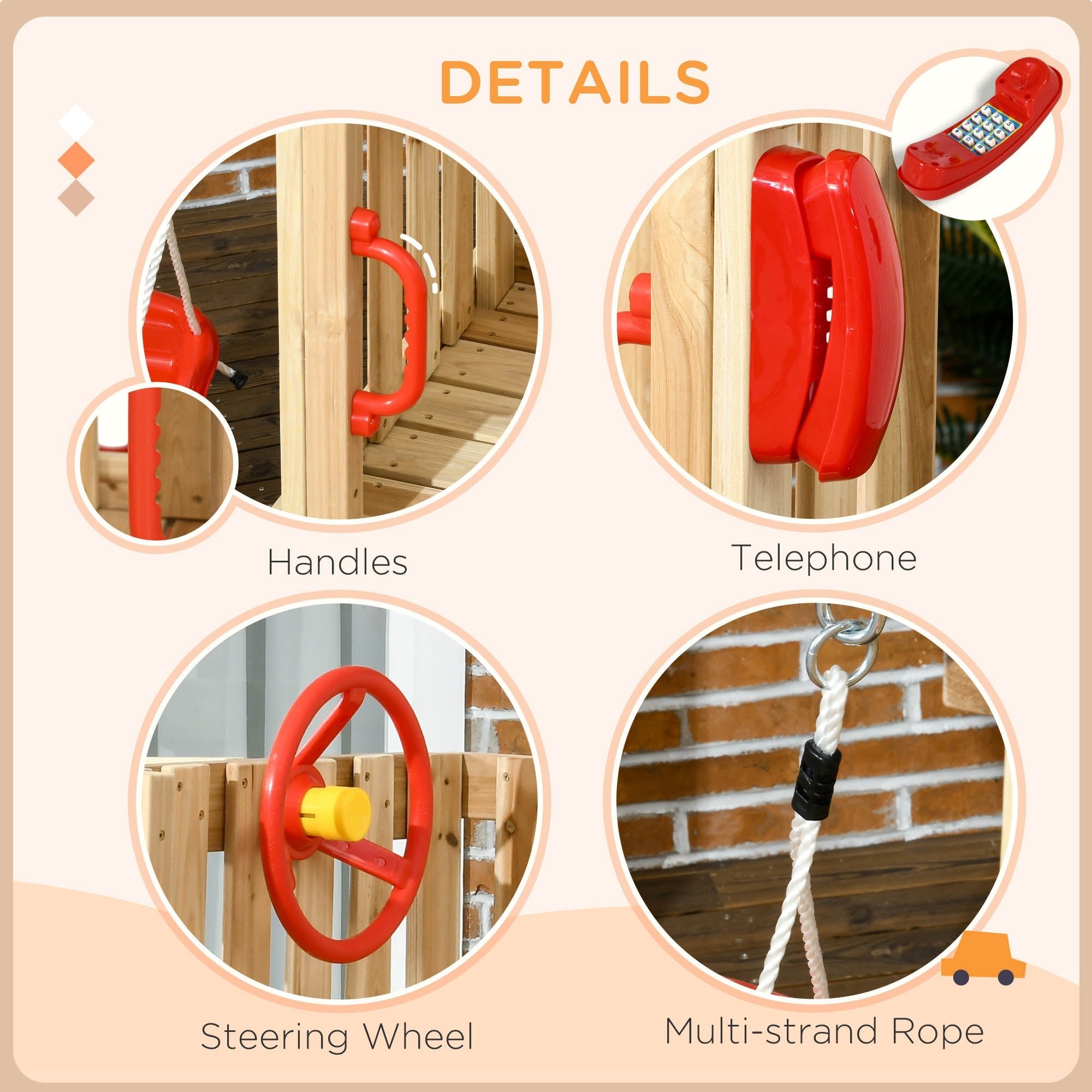 4 - in - 1 Wooden Swing Set with Swing, Slide, Horn, Steering Wheel, Red - Noventis Home