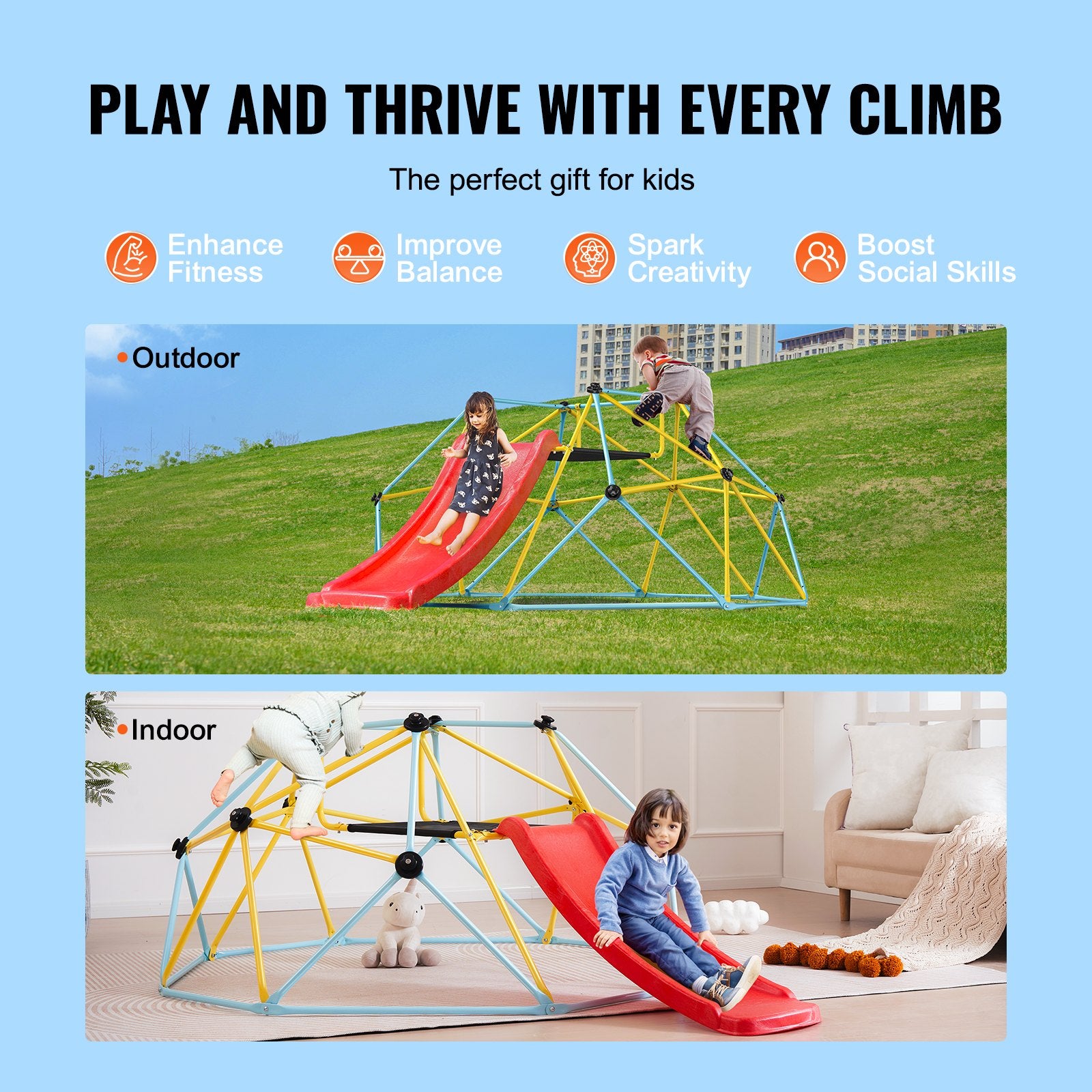 Klimkoepel 244cm met Glijbaan, voor Kinderen van 3 - 9 Jaar, Draagt 270kg, Buiten en Binnen Speeltoestel - Noventis Home