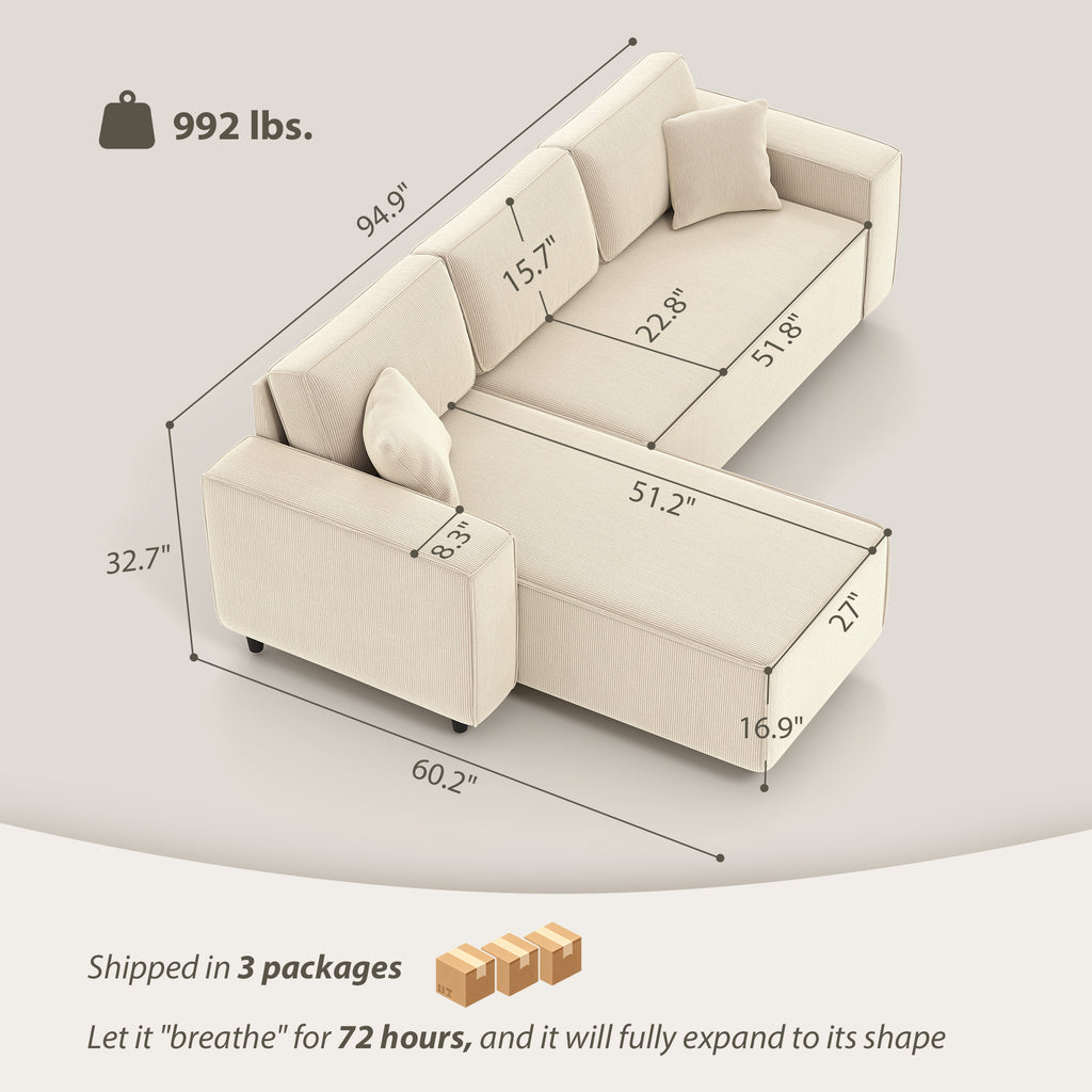 Hoekbank met Omkeerbare Chaise Longue, Corduroy L - vormige Slaapbank met Pocketvering, Crèmewit - Noventis Home
