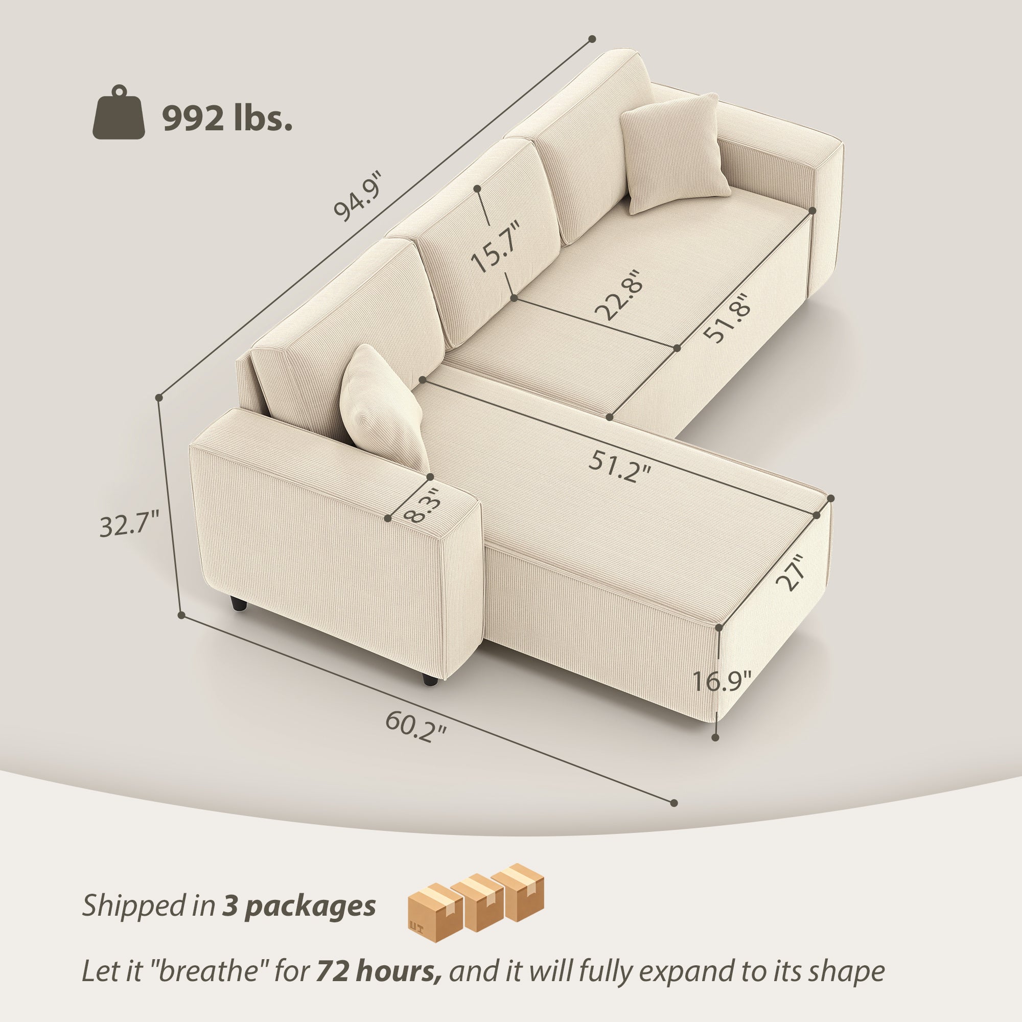 Hoekbank met Omkeerbare Chaise Longue, Corduroy L - vormige Slaapbank met Pocketvering, Crèmewit - Noventis Home