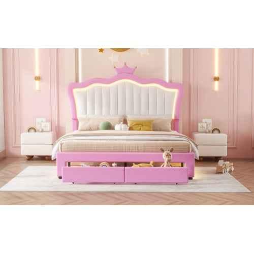 Gestoffeerd Tweepersoonsbed met LED - verlichting, Modern Prinsessenbed met Kroonhoofdsteun en 2 Lades, Roze + Wit - Noventis Home