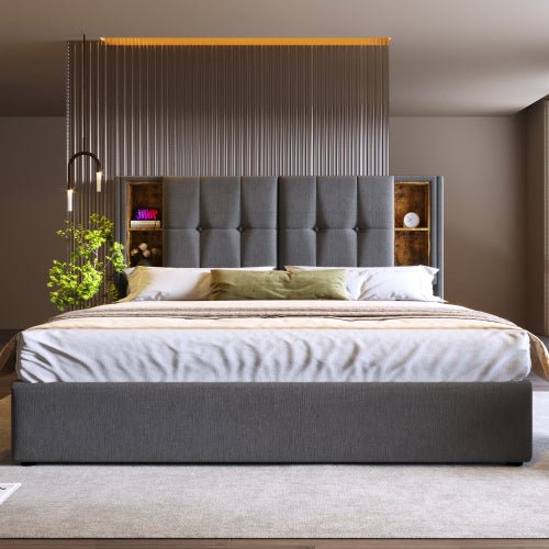 Upholstered Double Bed 150 X 200cm With Wireless Charging USB Tyep - C, Hydraulic Storage Bed With Hydraulic Lever, Linen Fabric 5FT King Size Bed Frame With Large Storage Space,Grey No Mattress - Noventis Home
