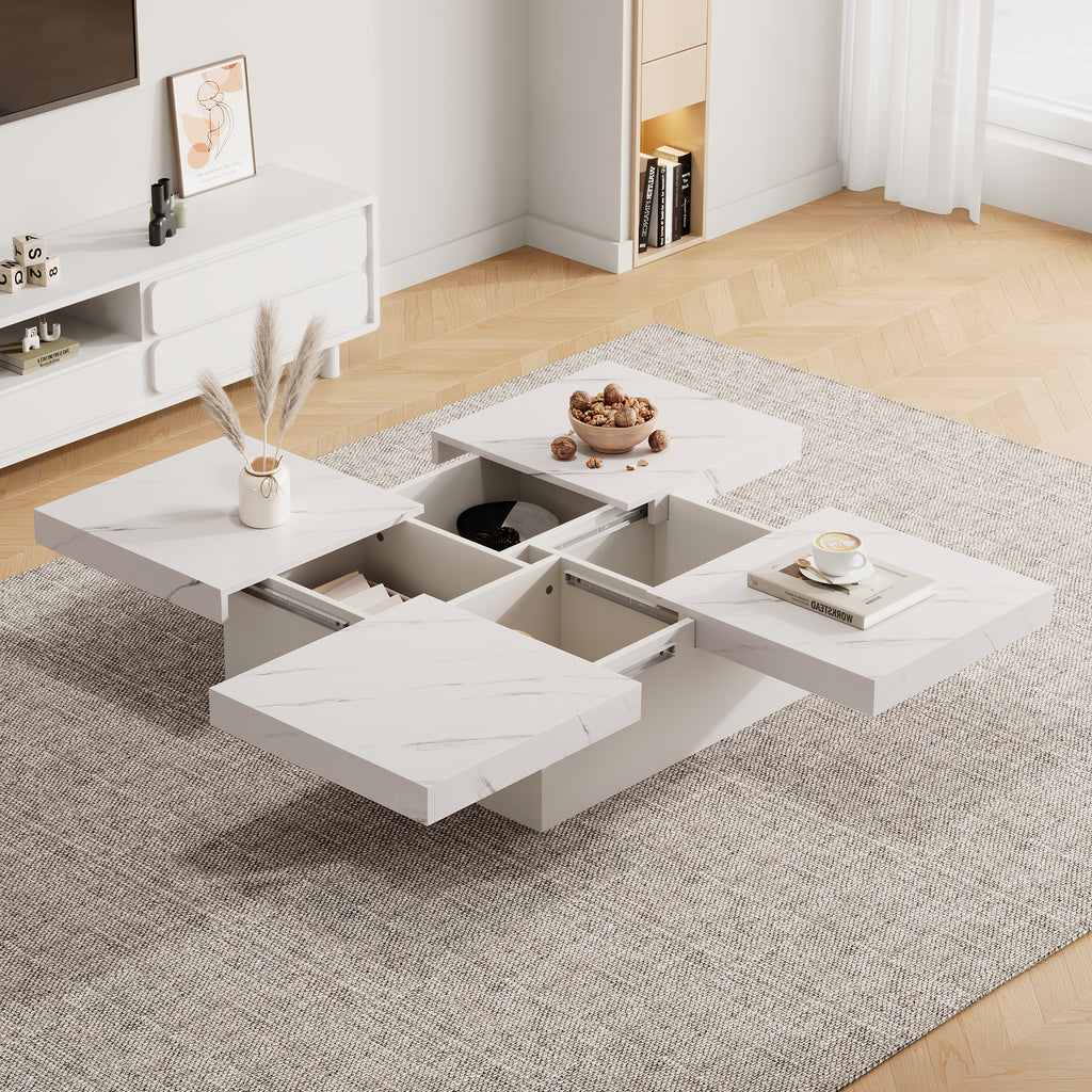 Modern Square Coffee Table With Marble Look, Centre Tea Table With 4 Sliding Drawers, Coffee End Table, 90 X 90 X 25 Cm, For Livingroom Office, White - Noventis Home