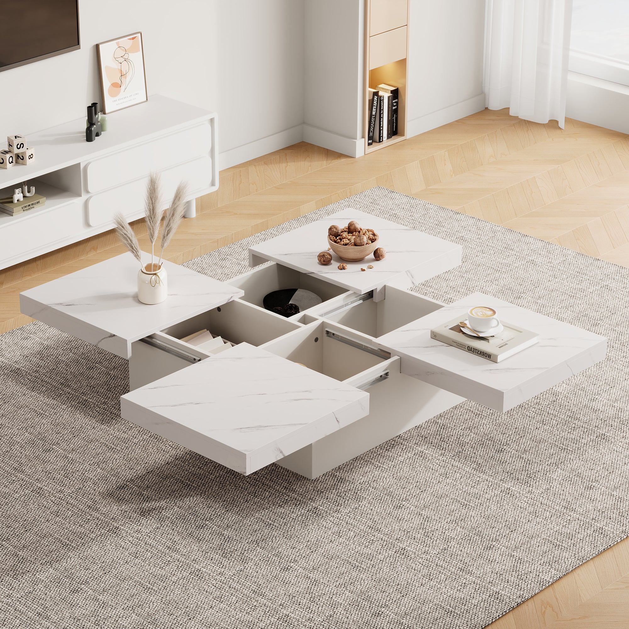 Modern Square Coffee Table With Marble Look, Centre Tea Table With 4 Sliding Drawers, Coffee End Table, 90 X 90 X 25 Cm, For Livingroom Office, White - Noventis Home