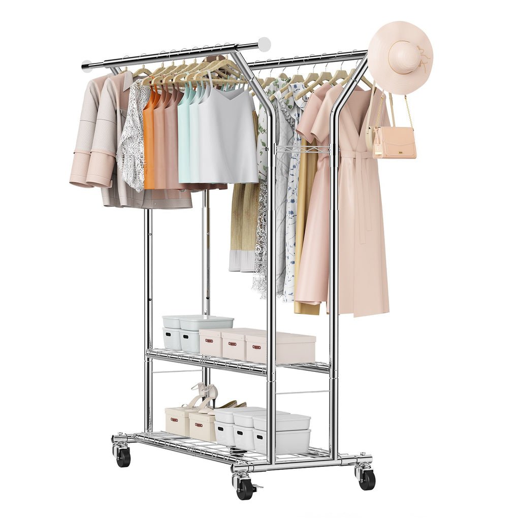 Clothes Rack, Rolling Clothing Garment Rack With 2 Hanging Rods And 2 Storage Shelves, 264 Lbs Load Capacity, Adjustable Height Carbon Steel Clothing Racks For Bedroom, Laundry, Living Room - Noventis Home
