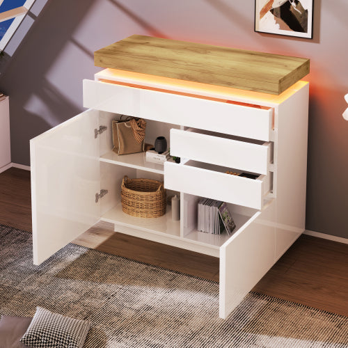 Ladekast, Hoogglans Dressoir met 2 Deuren en 3 Lades, RGB LED App-gestuurd, Multifunctioneel voor Woonkamer en Slaapkamer, 115x110x39 cm, Wit