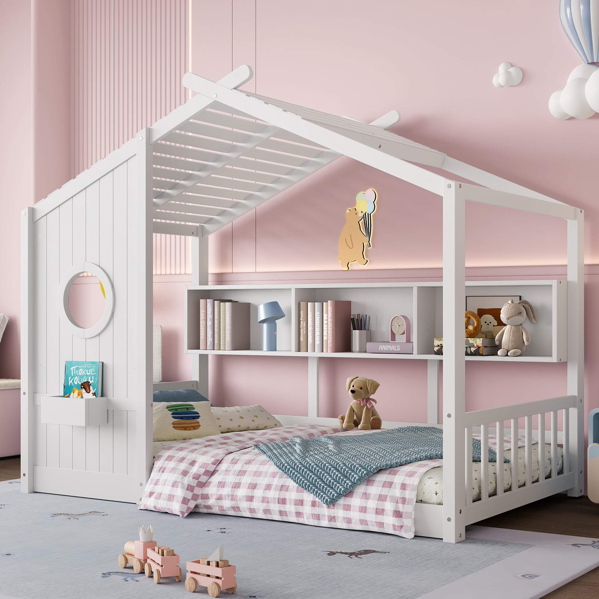 Twin Size Floor House Bed For Toddler, Kids Montessori Bed With Storage Shelf, Playhouse Bed With Roof Design, White - Noventis Home