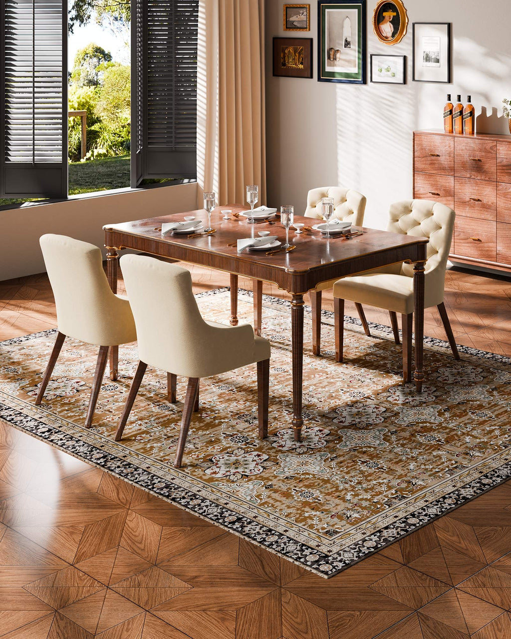 Area Rug, 7.5 X 9.5 Ft Large Washable Rug, Non - Slip And Tear - Resistant Soft Carpet, Pet & Child Friendly Vintage Area Rugs, Indoor Mat For Bedroom, Living Room, Office, Entryway, Brown Green - Noventis Home