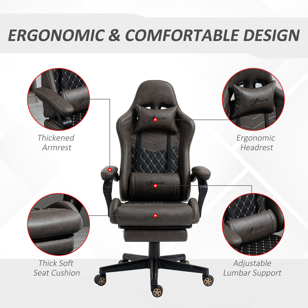 Racing Gaming Chair Diamond PU Leather Office Gamer Chair High Back Swivel Recliner with Footrest, Lumbar Support, Adjustable Height, Brown - Noventis Home