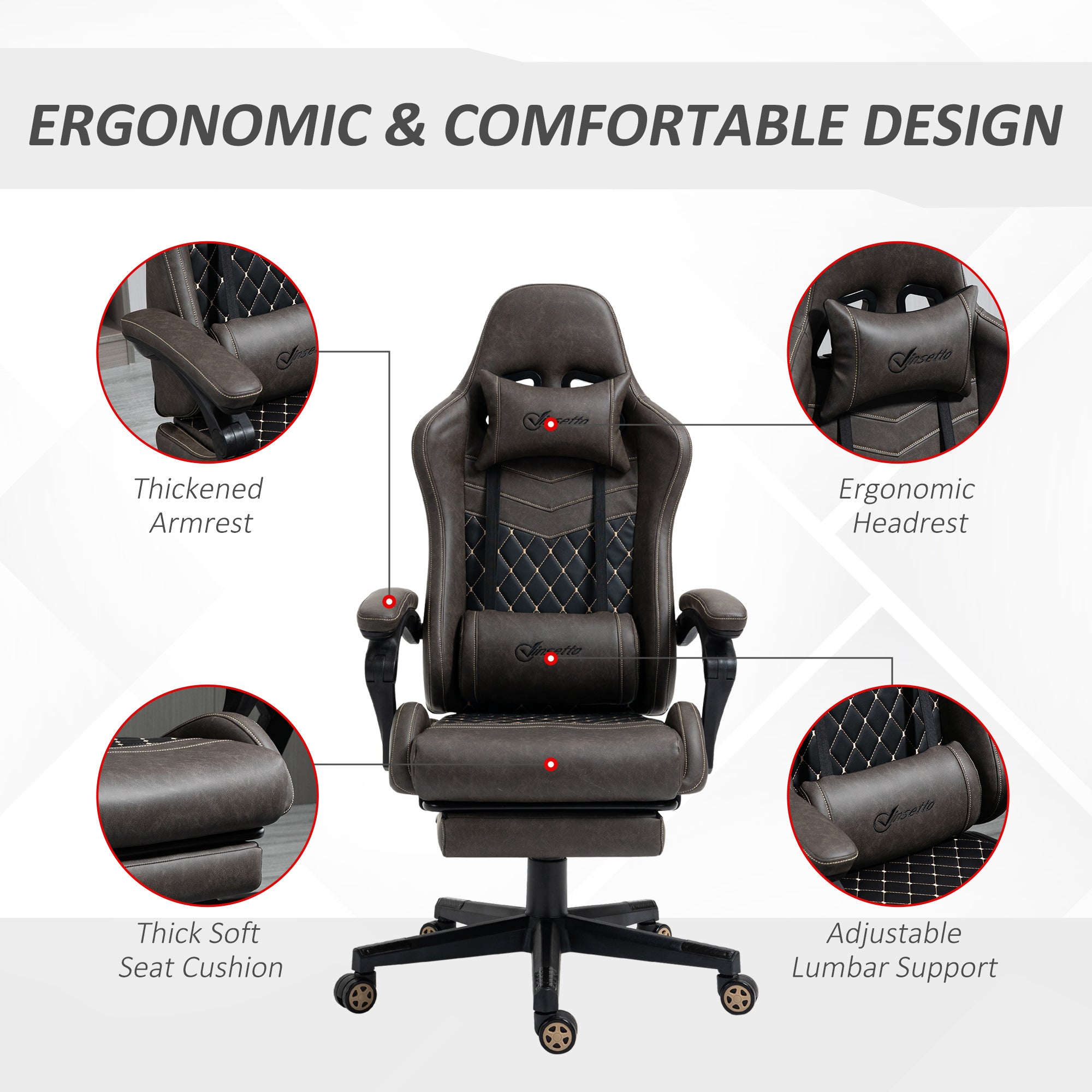 Racing Gaming Chair Diamond PU Leather Office Gamer Chair High Back Swivel Recliner with Footrest, Lumbar Support, Adjustable Height, Brown - Noventis Home