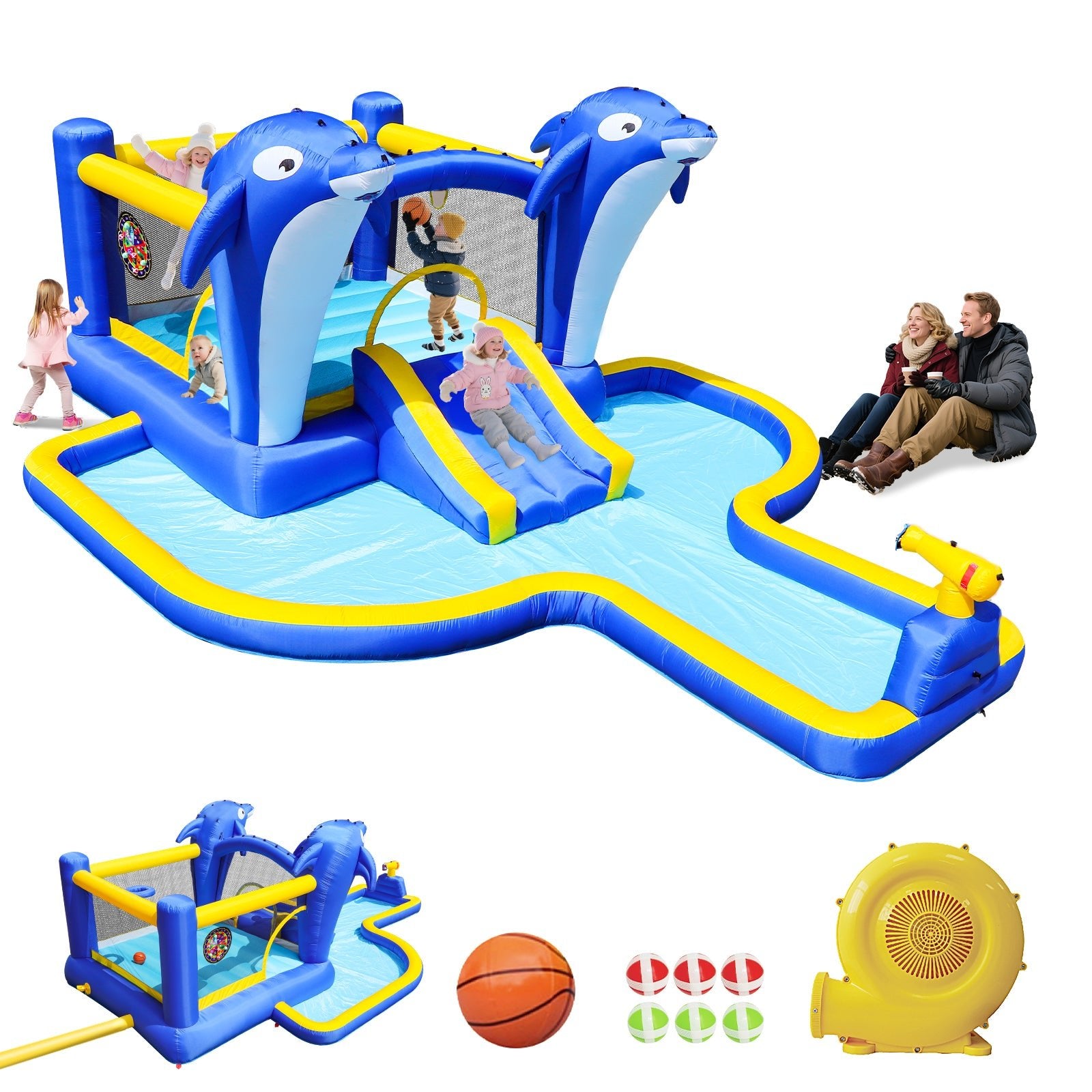 8 - in - 1 Opblaasbaar Waterglijbaan Speelpark met Trampoline, Dolfijn Sproeier, Waterpistool en Basketbal, voor Buiten - Noventis Home