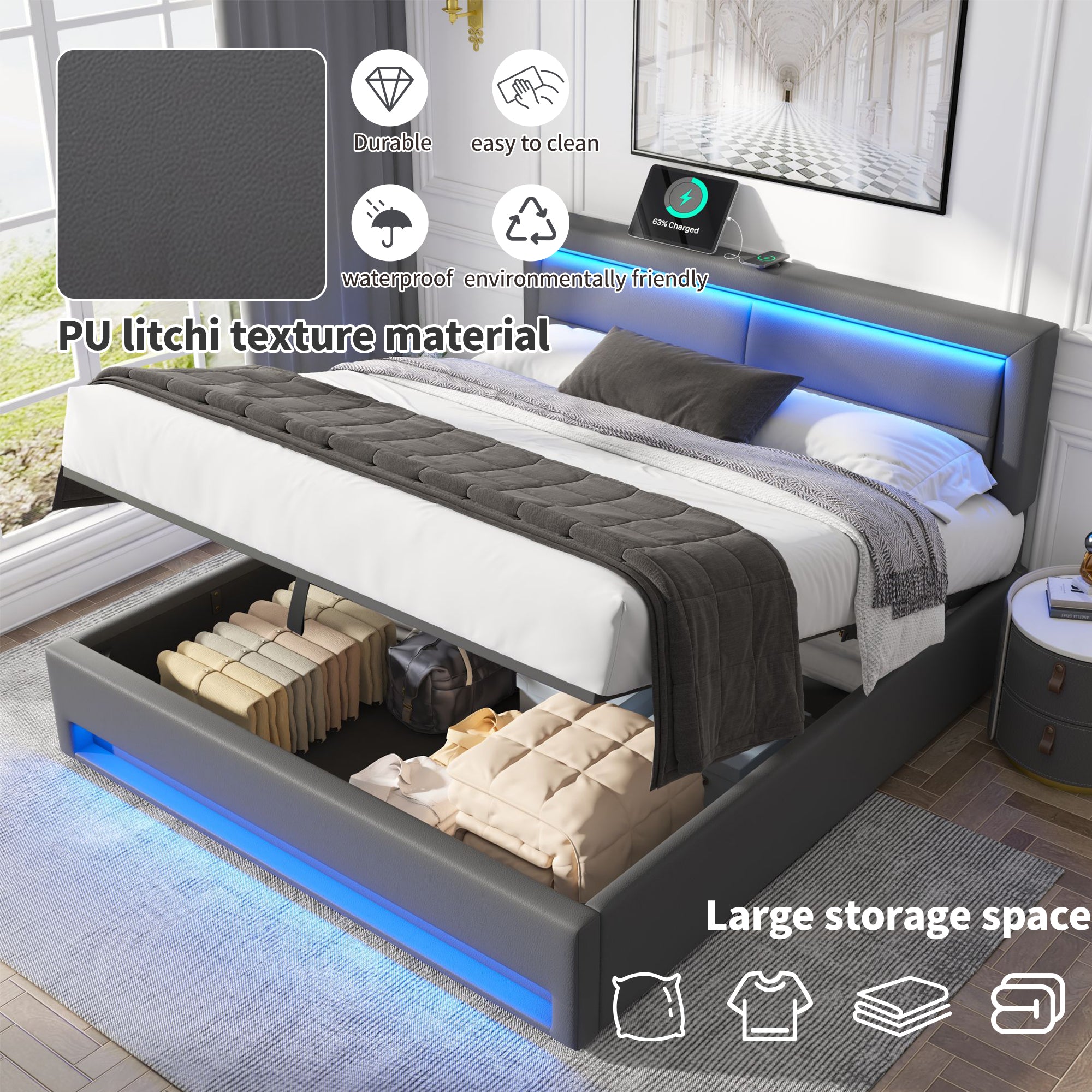 Upholstered Bed 180 X 200 Cm, Super King Size Bed - 6ft,with USB Port Supports Wireless And Wired Charging, With LED Lighting And Storage Space, Without Mattress, PU Lychee Pattern, Grey - Noventis Home