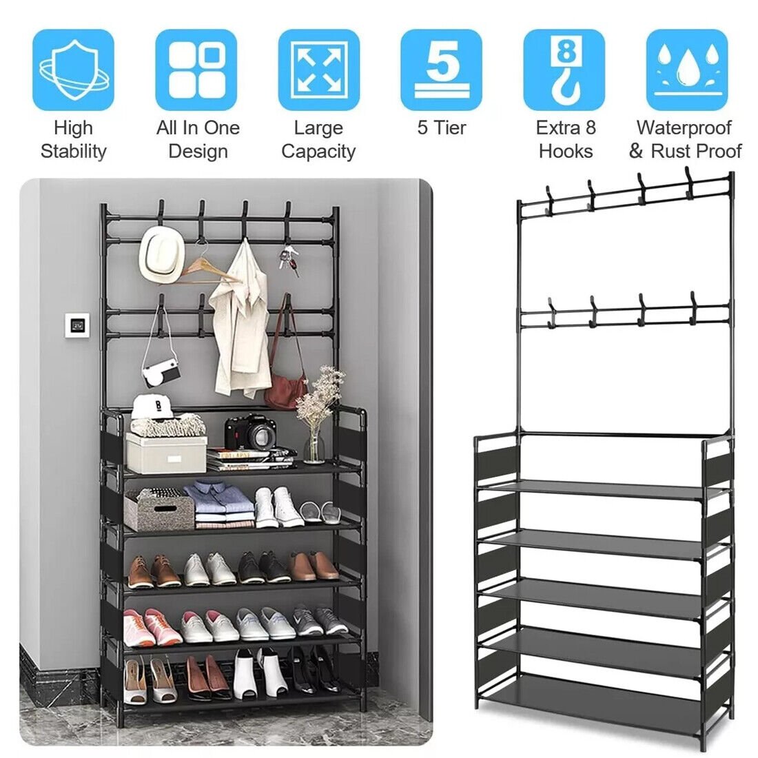 New Coat And Hat Stand 8 Hooks Metal Shoe Rack 5 Tiers Shelf Hanger Black UK - Noventis Home