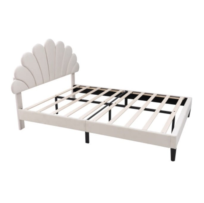 4ft6 Double Upholstered Velvet Bed Frame, With Adjustable Chic Petal Headboard, Velvet Platform Bed Frame With Solid Wood Slat, No Box Spring Needed, Easy Assembly, Beige - Noventis Home