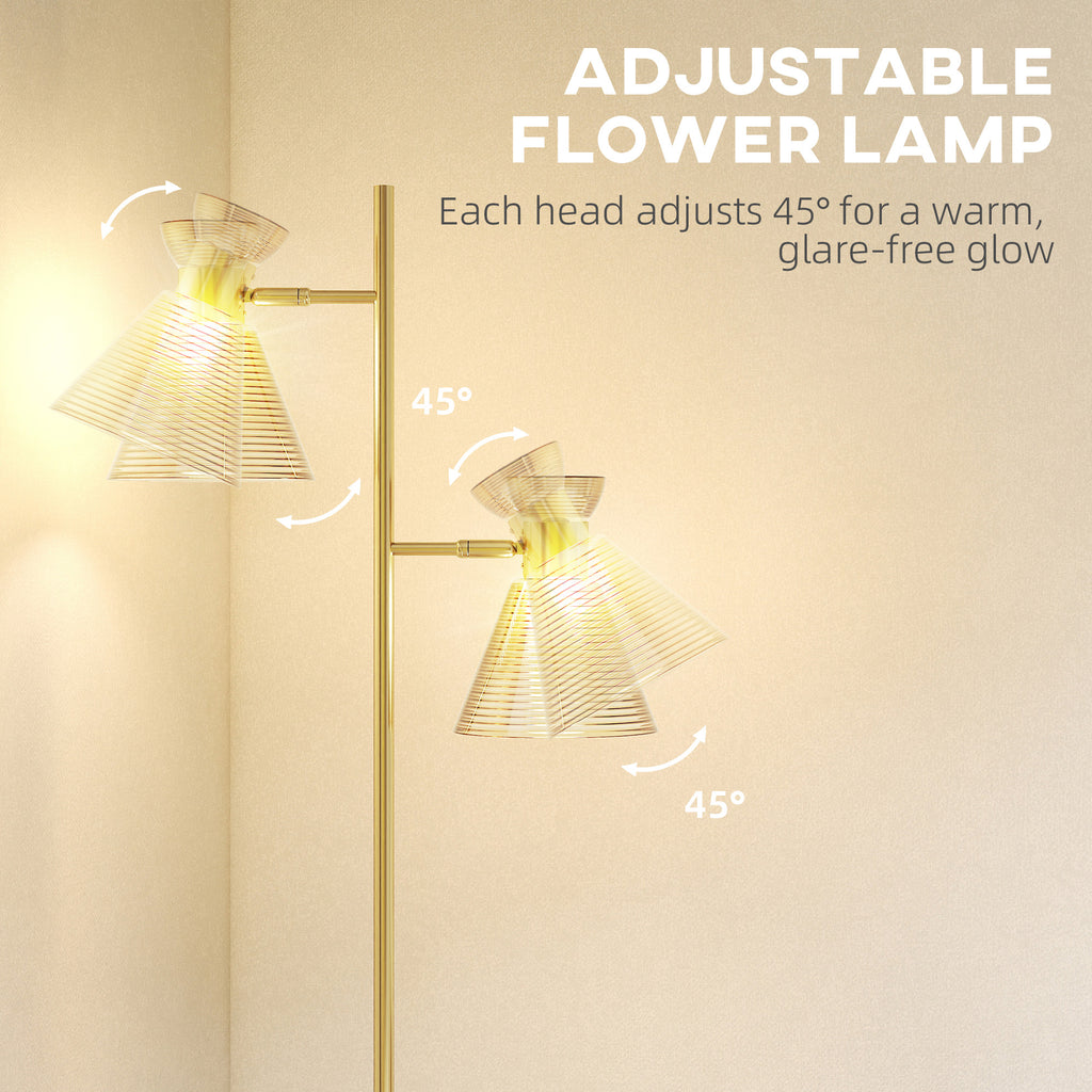 Floor Lamp With Adjustable Dual Head, Modern Standing Lamp With Floral Glass Shades And Foot Switch For Living Room Bedroom, E27 Socket, Bulb Not Included, Gold Tone - Noventis Home