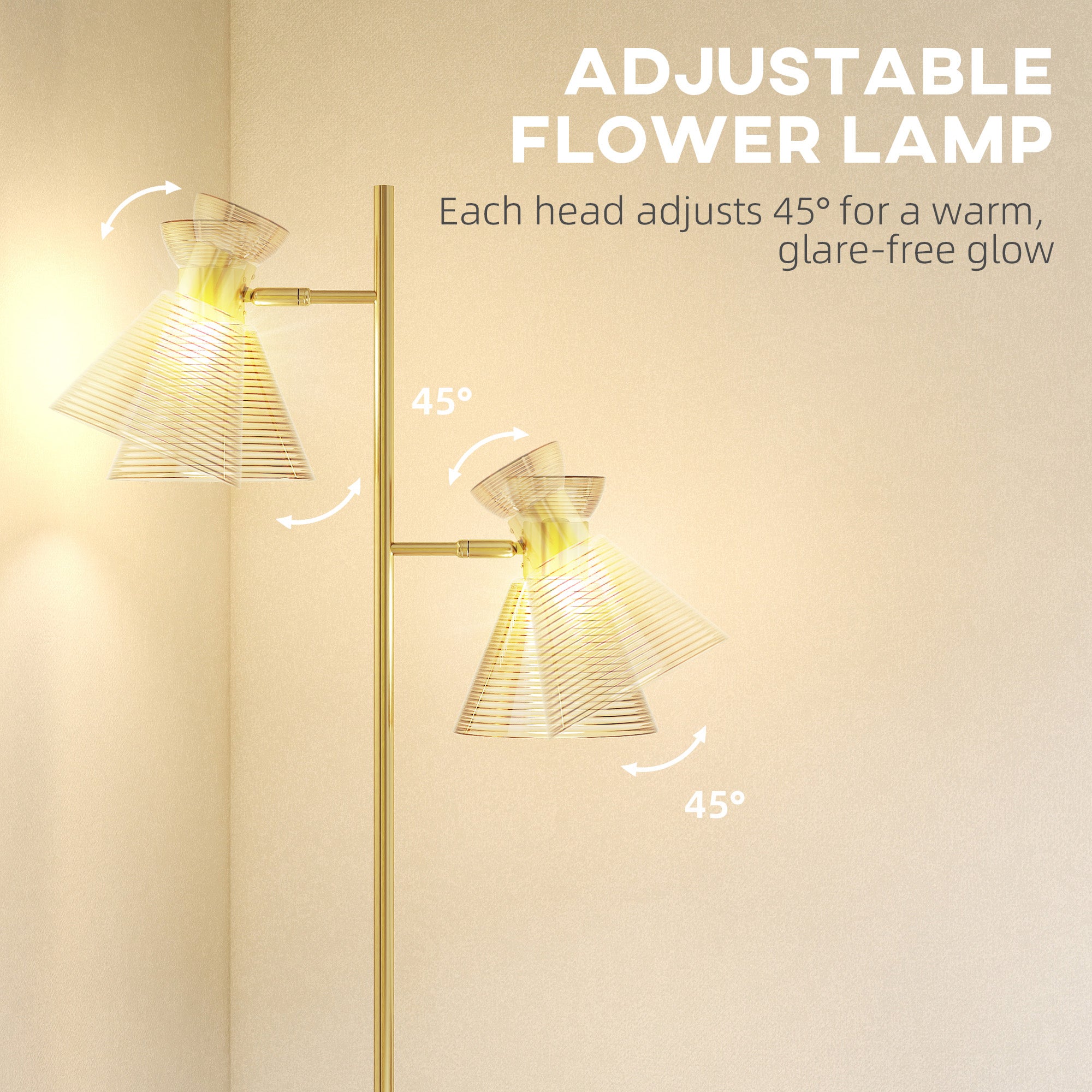 Floor Lamp With Adjustable Dual Head, Modern Standing Lamp With Floral Glass Shades And Foot Switch For Living Room Bedroom, E27 Socket, Bulb Not Included, Gold Tone - Noventis Home