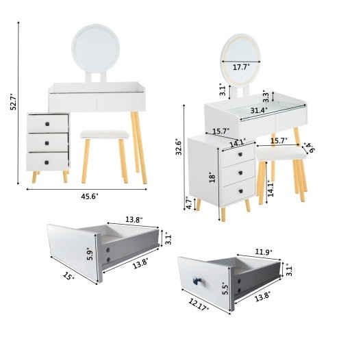 Kaptafel met LED - verlichting, Glazen Blad, Uitschuifbare Zijtafel, 5 Lades, Spiegel en Kruk voor Slaapkamer - Noventis Home