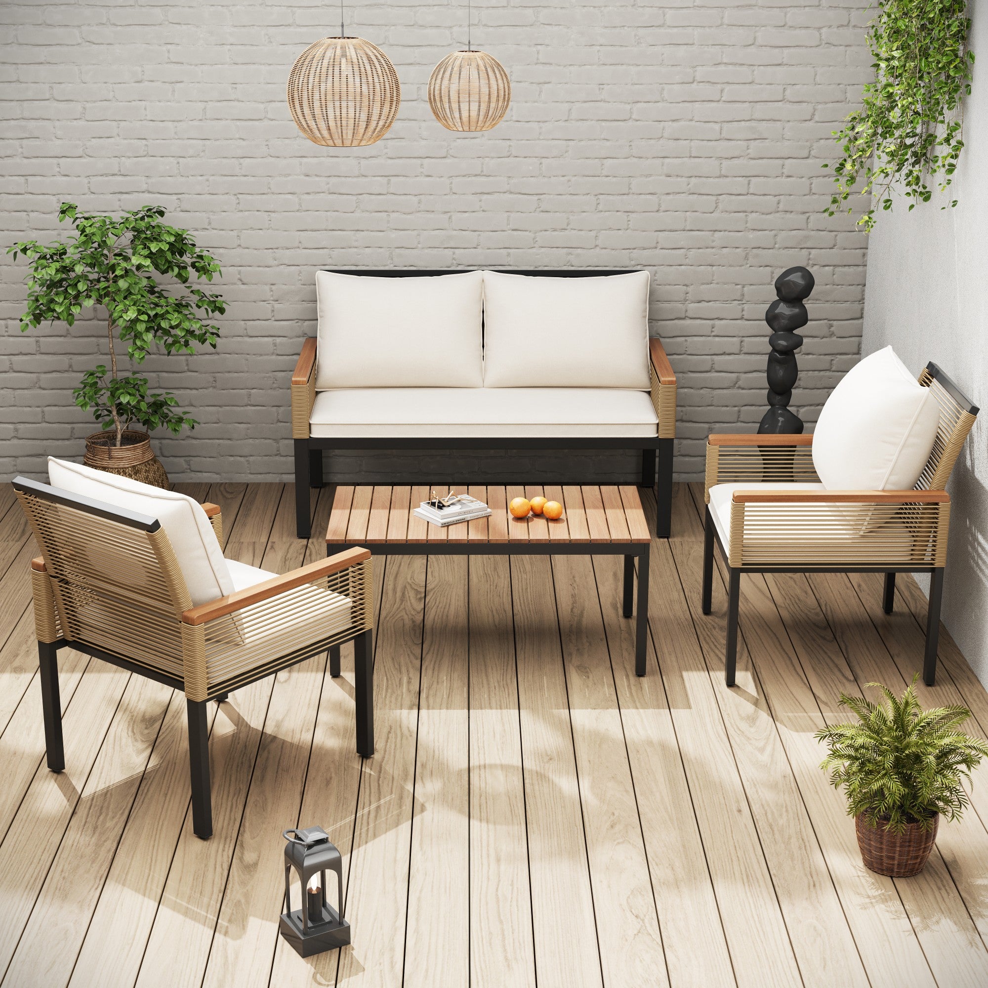 Tuinloungeset, Tuinmeubelset met Kussens, Dubbele Bank, 2 Fauteuils en Tafel, Buiten, Rattan, Beige