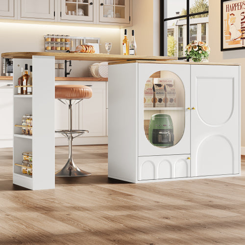 360° Draaibare Bartafel 138x39x105 cm, Koffiebar Meubel, Draaibare Eettafel met Opbergruimte, Keukeneiland, 2 Deuren met Planken, Wit