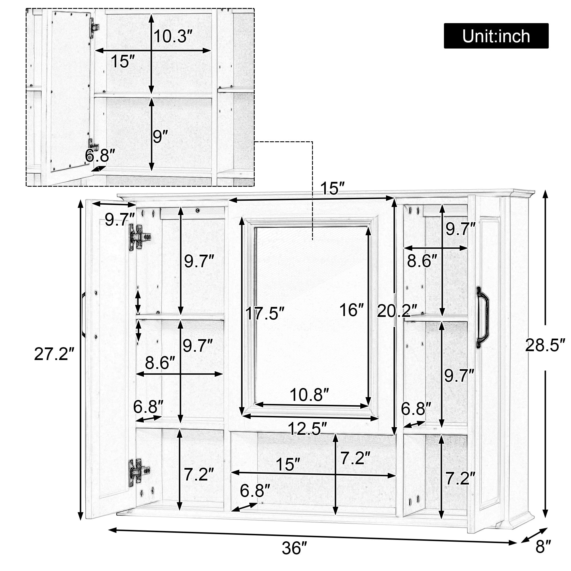 Badkamerspiegelkast 91cm, Wandgemonteerd, 3 Deuren met Spiegel, Verstelbare Planken, Zwart - Noventis Home