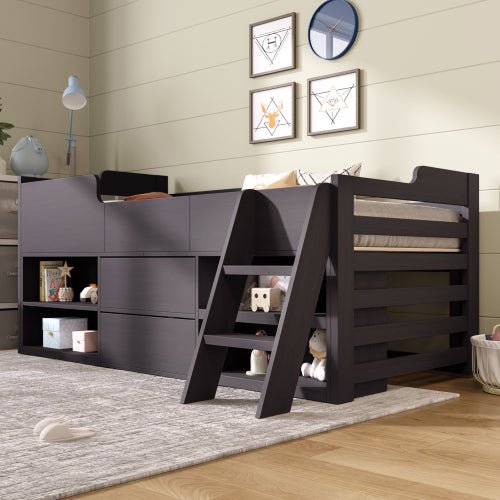 Kinderbed Halfhoogslaper met Opbergruimte, Houten Bed met Lades en Planken, Eenpersoons 90x190 cm, Wit - Alleen Frame - Noventis Home