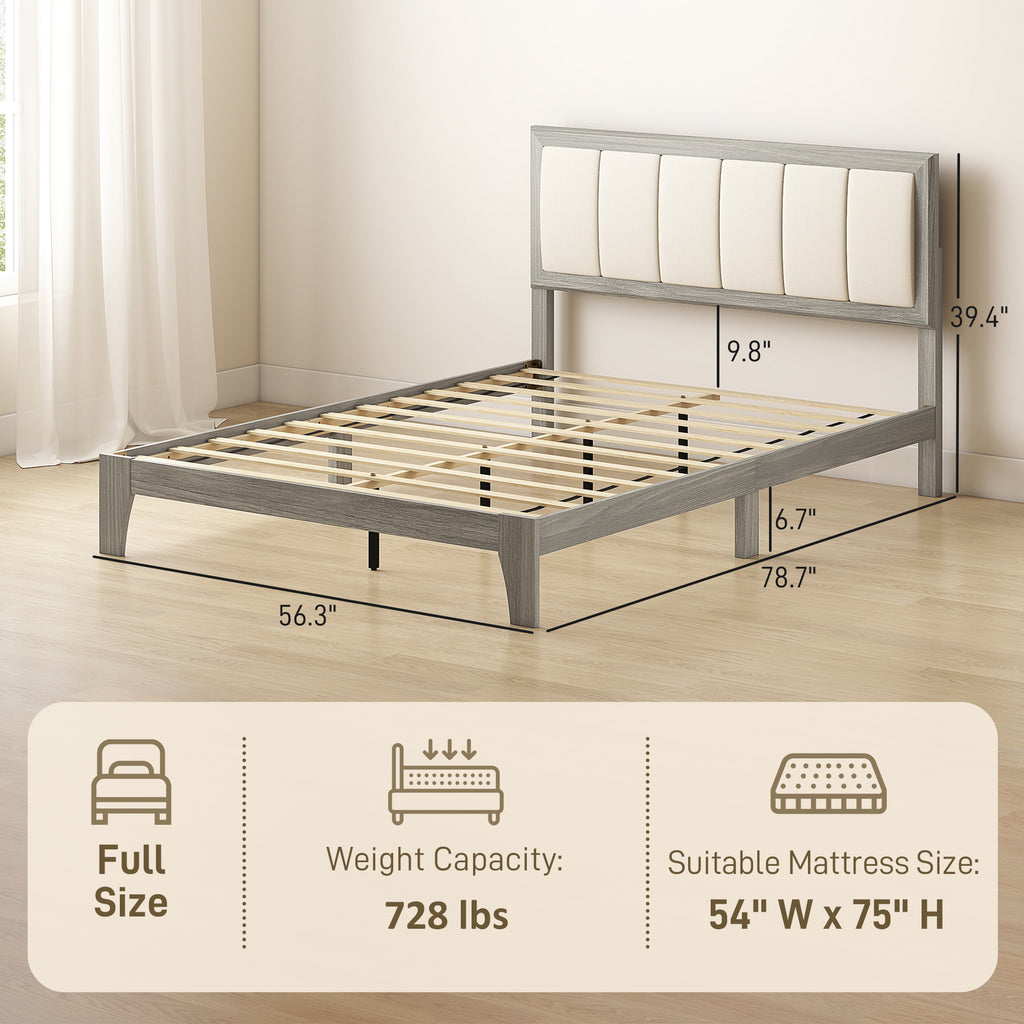 Tweepersoons Platform Bedframe met Gestoffeerd Hoofdeinde en Houten Latten, Geen Boxspring Nodig, Grijs - Noventis Home