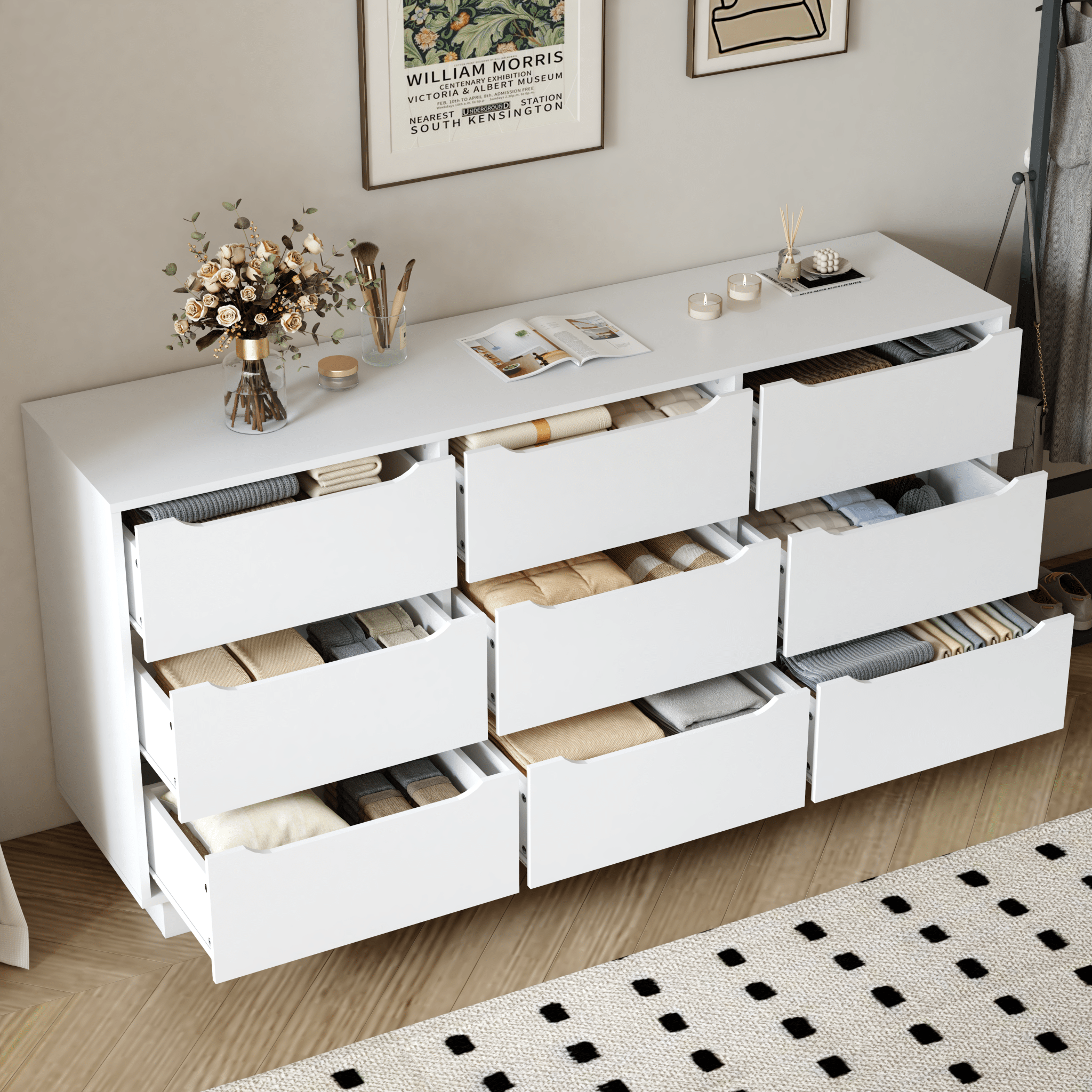 Ladekast met 9 Diepe Lades voor Slaapkamer, Grote Houten Commode, Modern Wit, voor Kledingkast en Woonkamer - Noventis Home