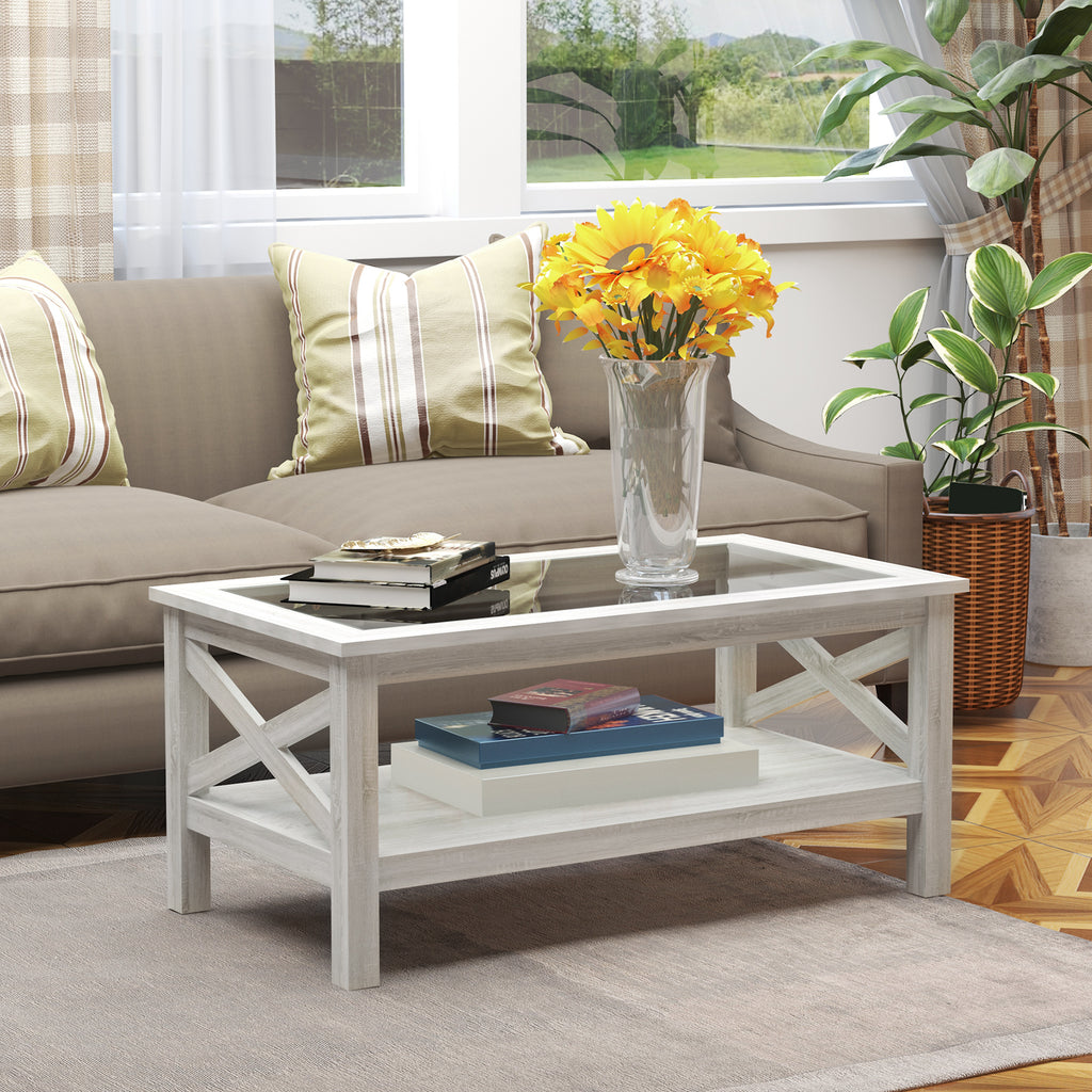 Coffee Table with Tempered Glass Tabletop, Living Room Table with Wood Frame and Underneath Storage Shelf, White Oak - Noventis Home