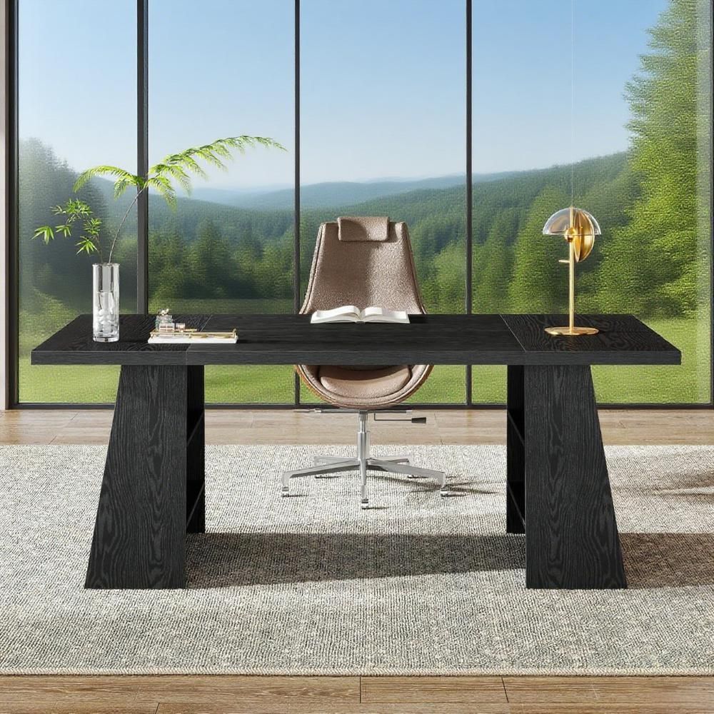 Directiebureau 160cm, Modern Groot Kantoorbureau met Dubbele Sokkel en Opbergplanken, Zwart