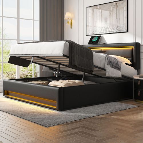Gestoffeerd Bed 135 x 190 cm, Tweepersoons, met USB - oplaadpoort (Draadloos en Bedraad), LED - verlichting en Opbergruimte, Zonder Matras, PU Lychee Design, Zwart - Noventis Home