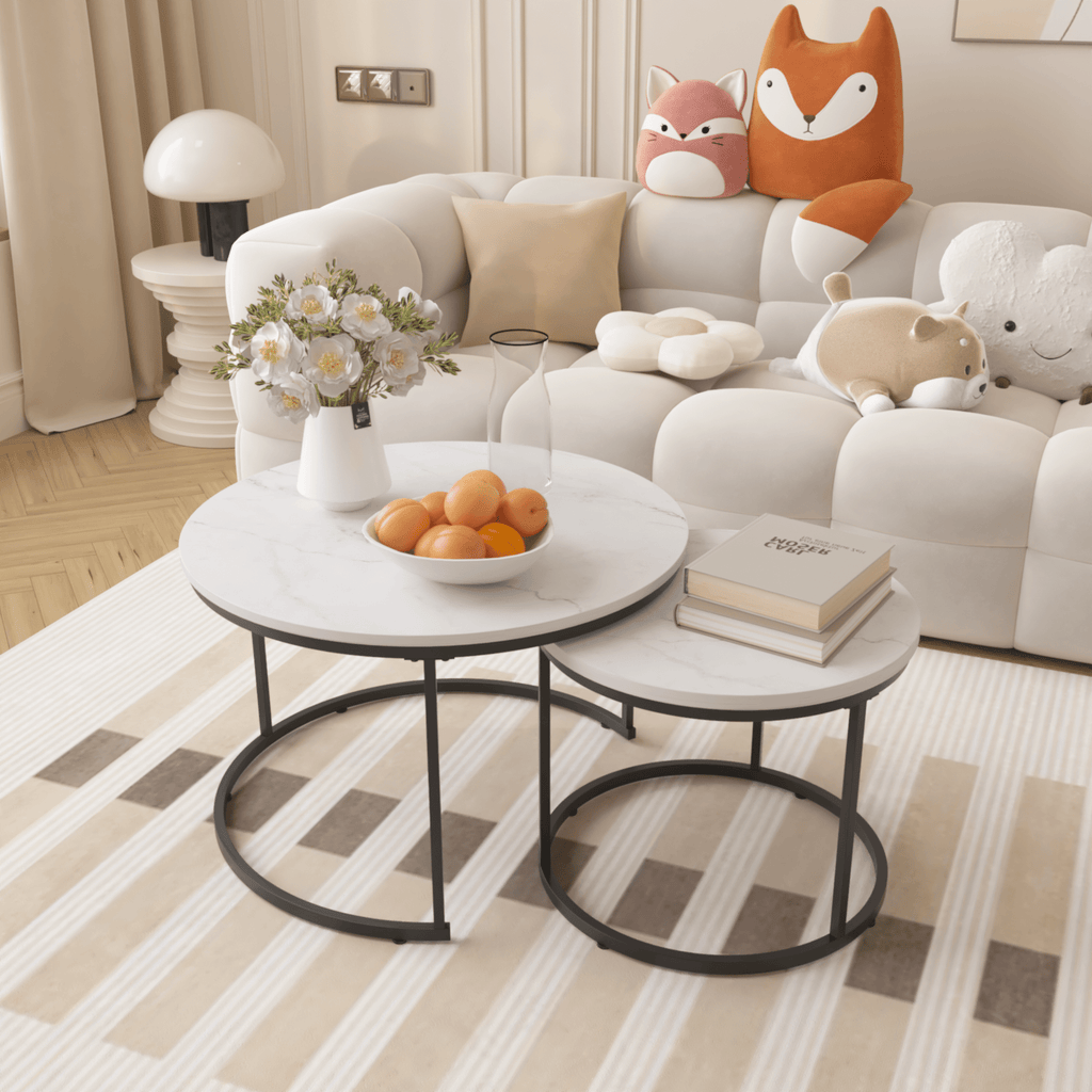 Nesting Coffee Table Set Of 2, 27.6inch Round Coffee Table Wood Marble Pattern Top With Sturdy Metal Frame, End Table Side Tables For Living Room Bedroom Balcony Yard White - Noventis Home