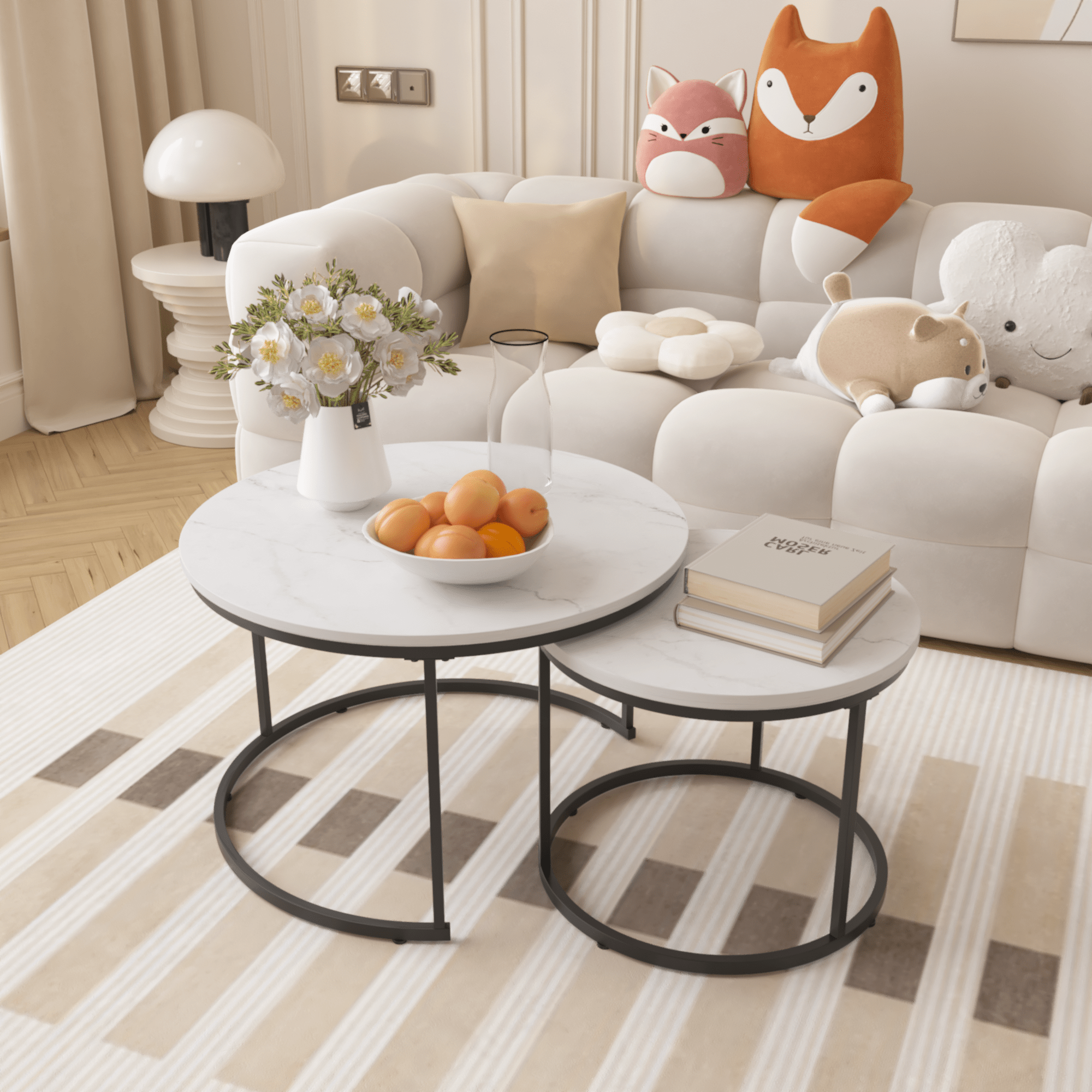 Nesting Coffee Table Set Of 2, 27.6inch Round Coffee Table Wood Marble Pattern Top With Sturdy Metal Frame, End Table Side Tables For Living Room Bedroom Balcony Yard White - Noventis Home