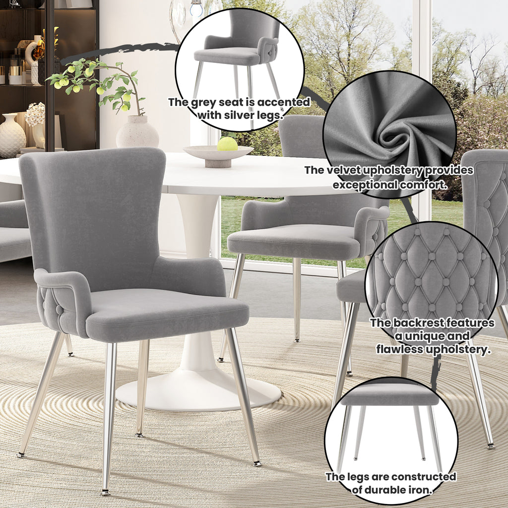 Velvet Dining Chair, Set Of 2, Luxurious Living Room Bedroom Lounge Chair With Four Silver - colored Metal Support Legs, Grey - Noventis Home