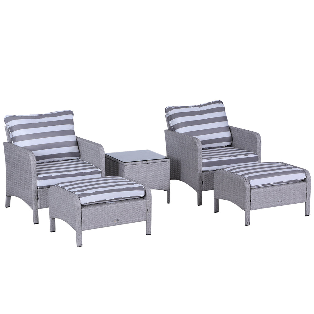 5 - delige PE Rattan Tuinmeubelset met 10cm Dikke Kussens, 2 Fauteuils, 2 Voetenbanken en Glazen Tafel, Grijs/Wit - Noventis Home