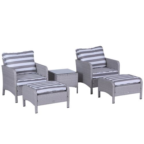 5 - delige PE Rattan Tuinmeubelset met 10cm Dikke Kussens, 2 Fauteuils, 2 Voetenbanken en Glazen Tafel, Grijs/Wit - Noventis Home