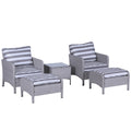 5 - delige PE Rattan Tuinmeubelset met 10cm Dikke Kussens, 2 Fauteuils, 2 Voetenbanken en Glazen Tafel, Grijs/Wit - Noventis Home