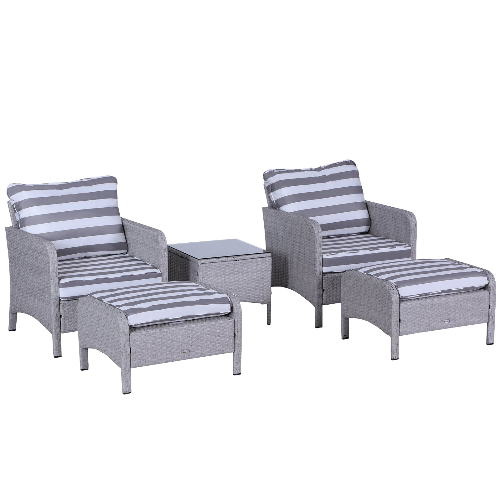5 - delige PE Rattan Tuinmeubelset met 10cm Dikke Kussens, 2 Fauteuils, 2 Voetenbanken en Glazen Tafel, Grijs/Wit - Noventis Home