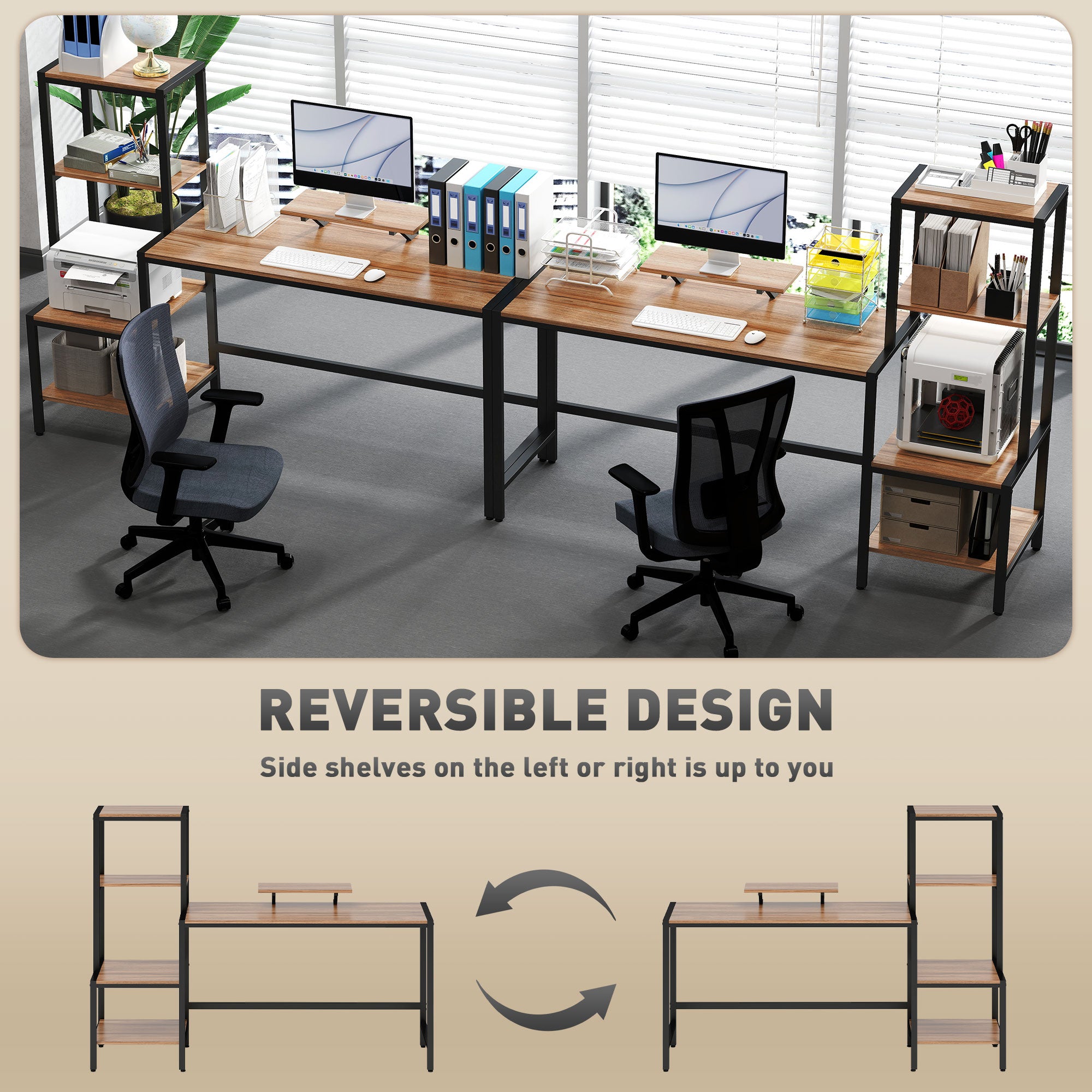 Computerbureau 170cm met Monitorstandaard en Omkeerbare 4-laags Plank, Industrieel Design, Bruin