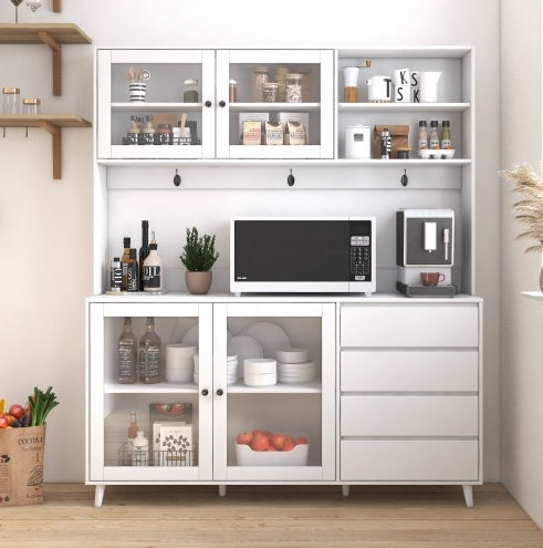 Grote Keukenkast 160 cm, Vrijstaande Voorraadkast met 4 Deuren, 4 Lades en Magnetronplank, Wit