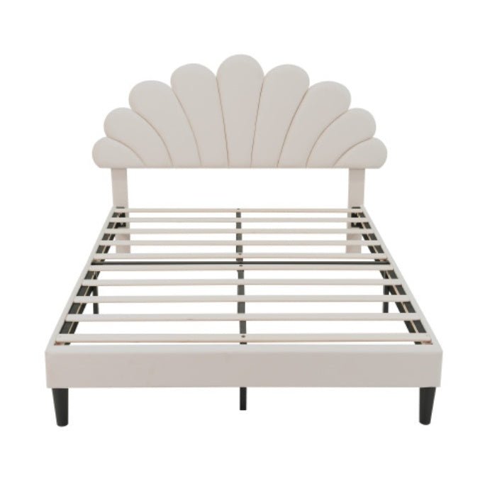 4ft6 Double Upholstered Velvet Bed Frame, With Adjustable Chic Petal Headboard, Velvet Platform Bed Frame With Solid Wood Slat, No Box Spring Needed, Easy Assembly, Beige - Noventis Home