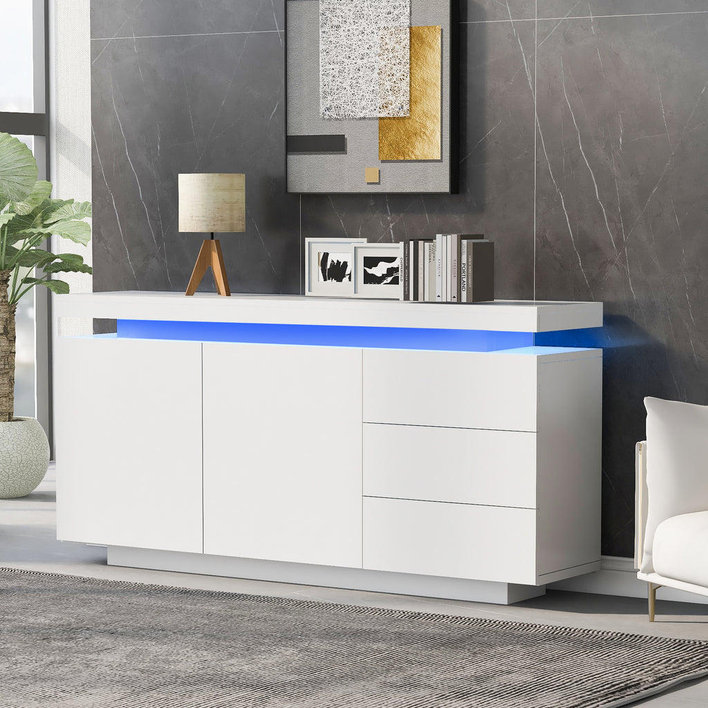 Sideboard With LED Lights, Side Cabinet Standing Cabinet Chest Of Drawers Highboard Sideboard With 2 Doors & 3 Drawers, High Gloss Sideboard For Living Room Dining Room, White - Noventis Home
