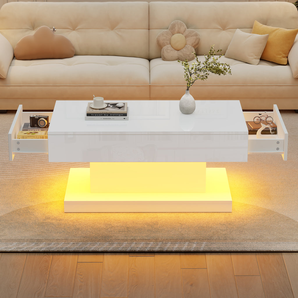 Hoogglans Salontafel met 2 Lades en LED-verlichting, Moderne Woonkamertafel, 100x50x45 cm, Wit