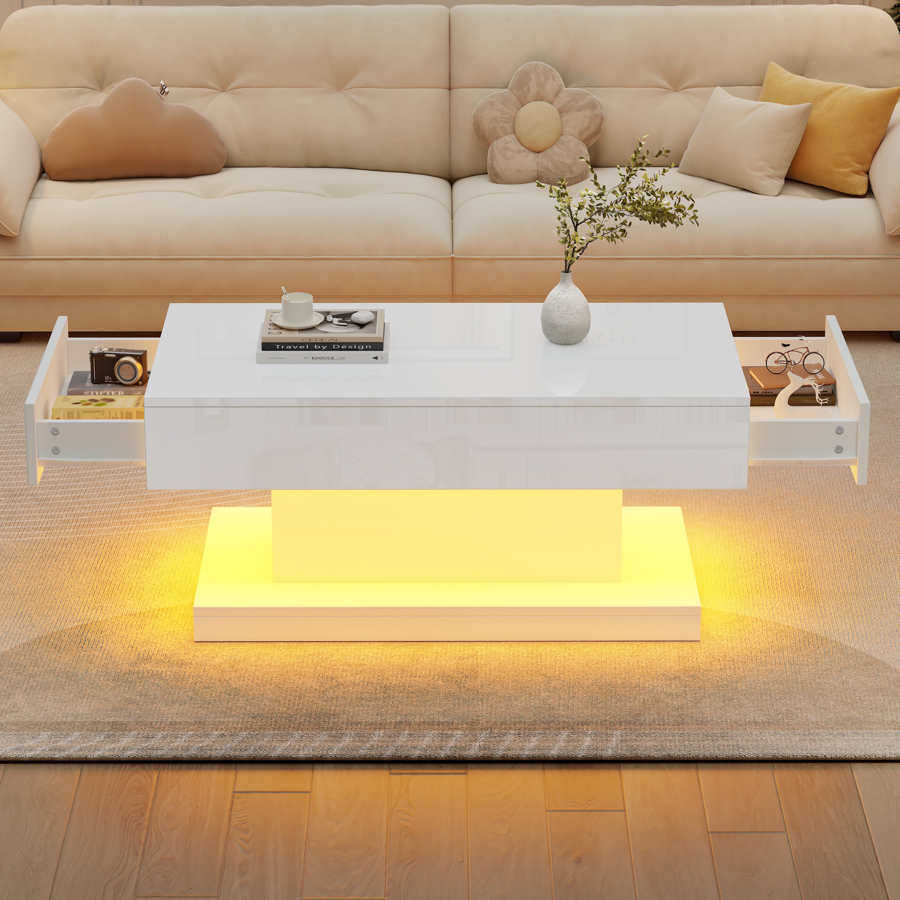 Hoogglans Salontafel met 2 Lades en LED-verlichting, Moderne Woonkamertafel, 100x50x45 cm, Wit
