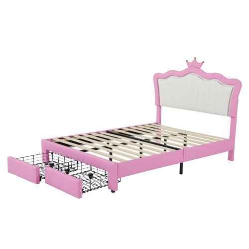 Gestoffeerd Tweepersoonsbed met LED - verlichting, Modern Prinsessenbed met Kroonhoofdsteun en 2 Lades, Roze + Wit - Noventis Home