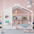 Twin Size Floor House Bed For Toddler, Kids Montessori Bed With Storage Shelf, Playhouse Bed With Roof Design, White - Noventis Home