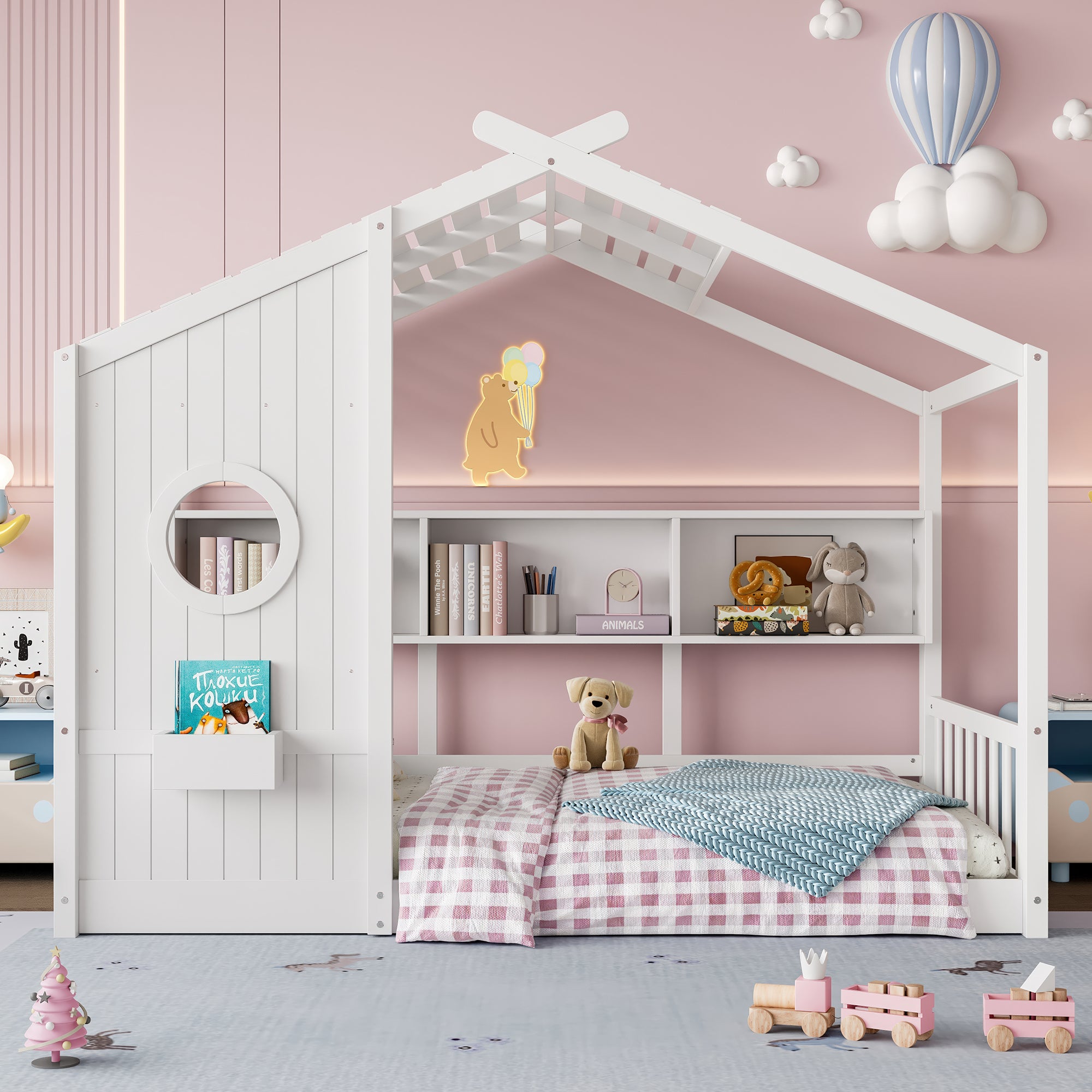 Twin Size Floor House Bed For Toddler, Kids Montessori Bed With Storage Shelf, Playhouse Bed With Roof Design, White - Noventis Home