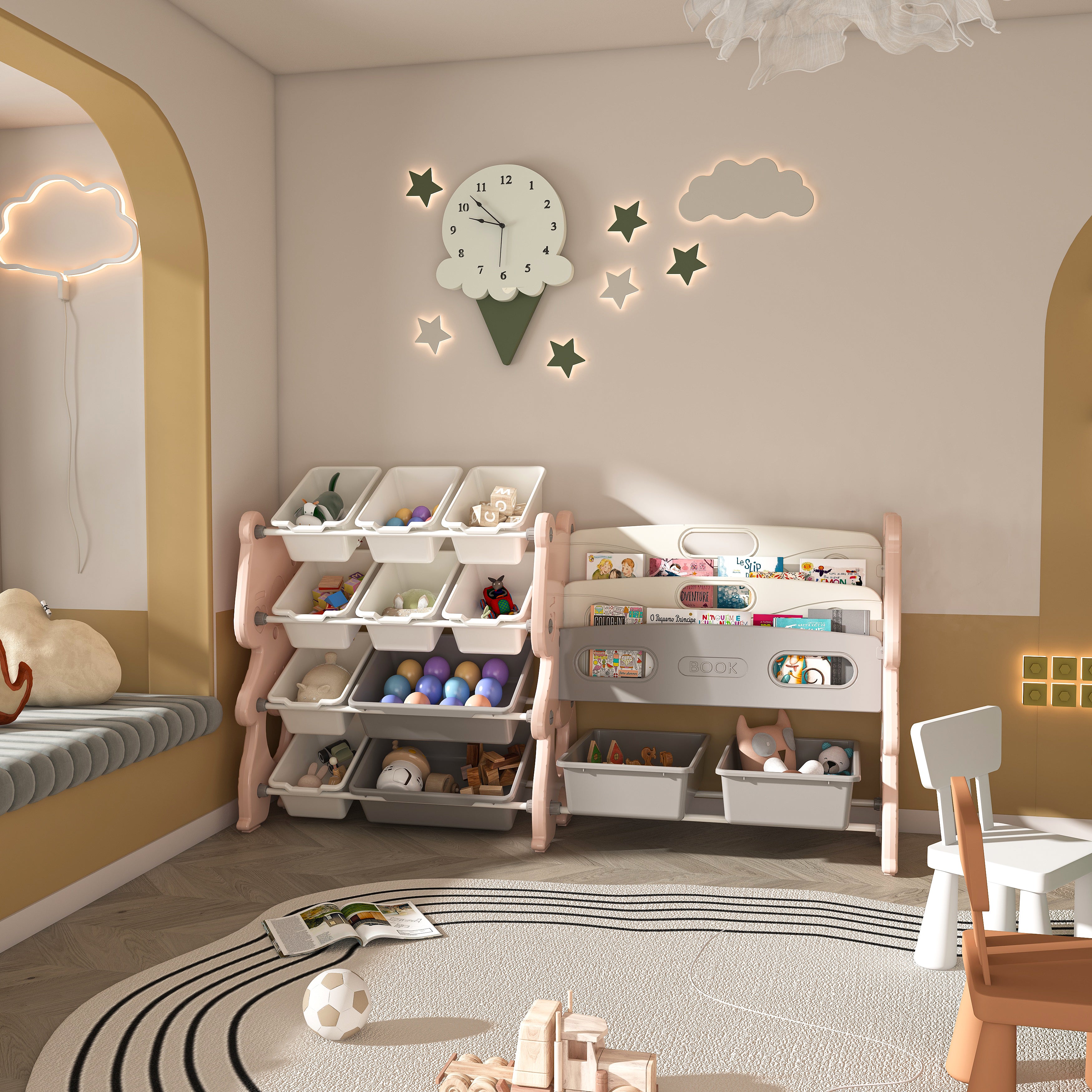 Kinderspeelgoed Opbergorganizer met 2-laags Boekenplank en 12 Opbergbakken voor Speelkamer, Slaapkamer en Klas, Roze