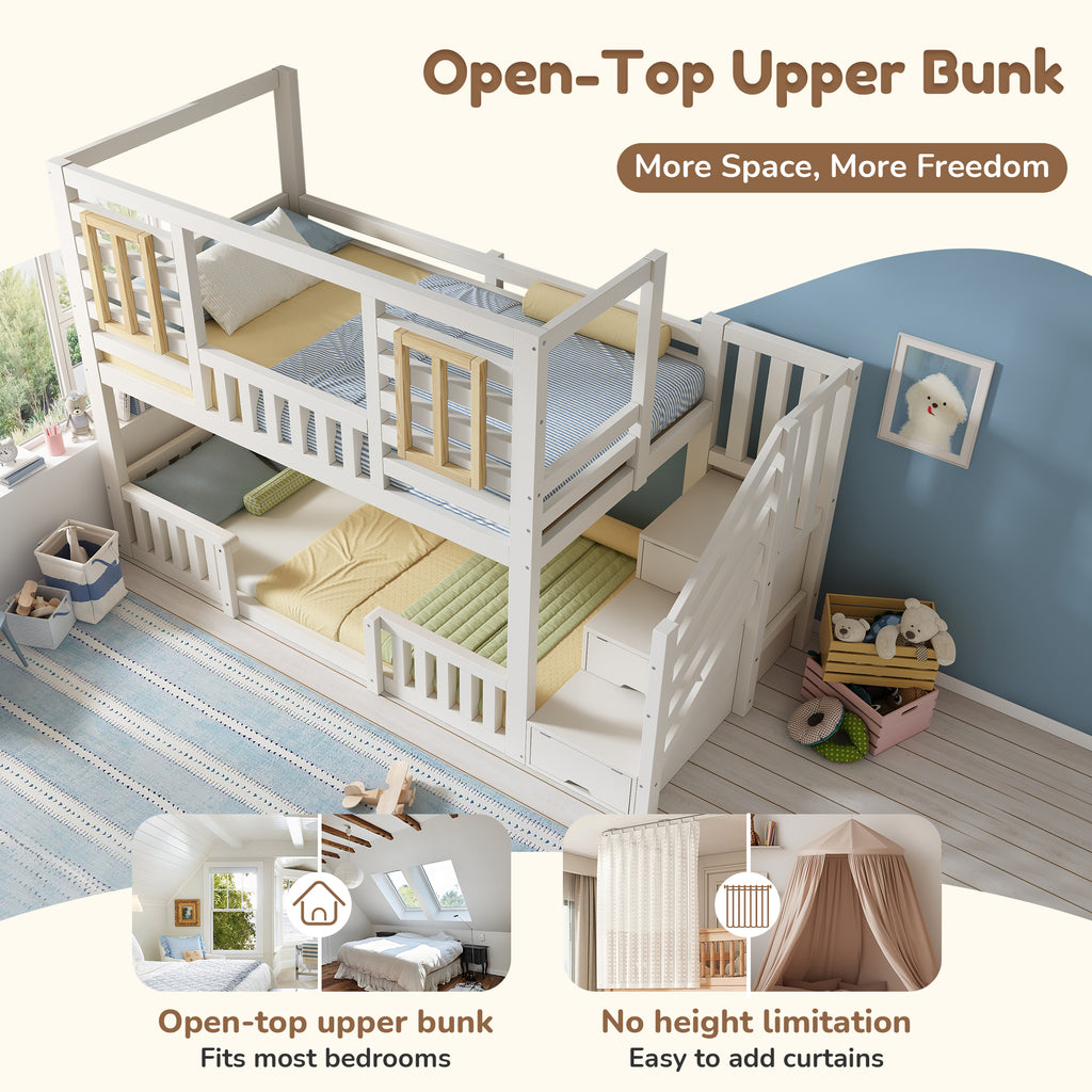 Stapelbed voor Kinderen, Houten Huisbed met Trapkast, Multifunctioneel Boomhutbed, Kinderhuisbed, Tweeling Slaapplaats 90+90 x 190 cm, Massief Hout, Wit - Noventis Home